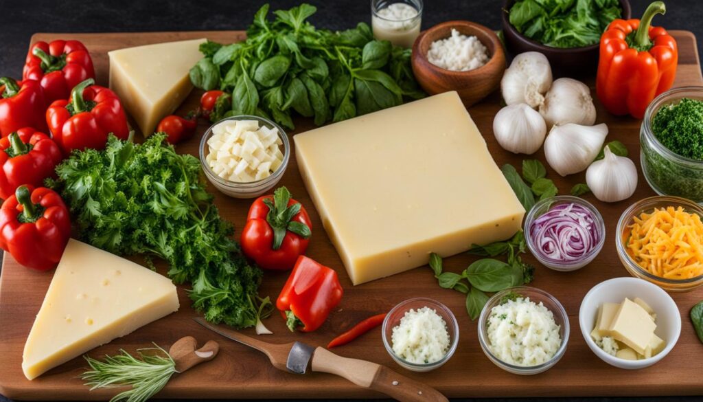 Gathered ingredients for Five Cheese Ziti al Forno